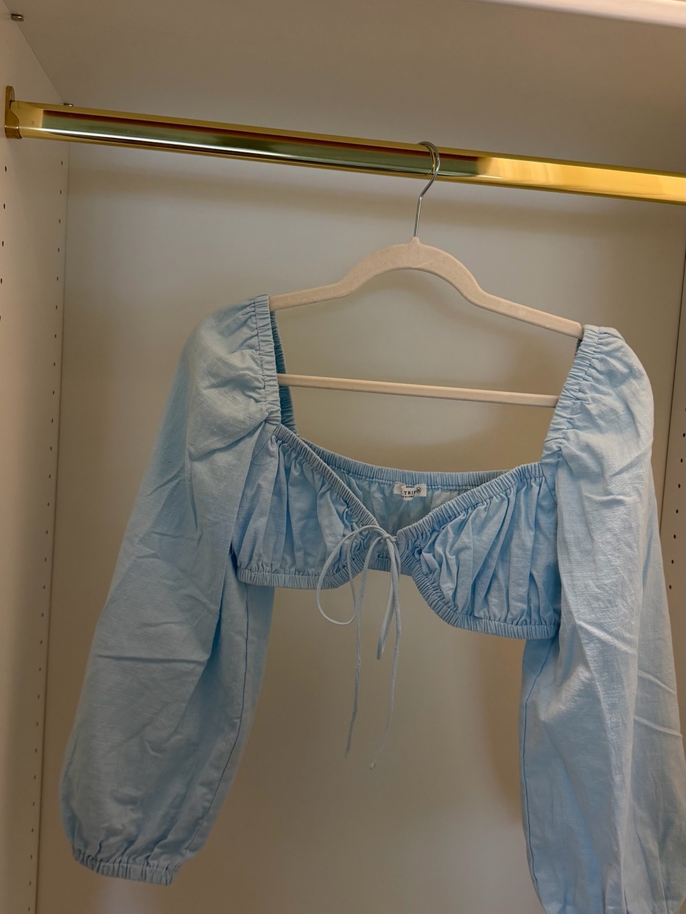 12th Tribe Light Blue Puff-Sleeve Tie-Front Crop Top